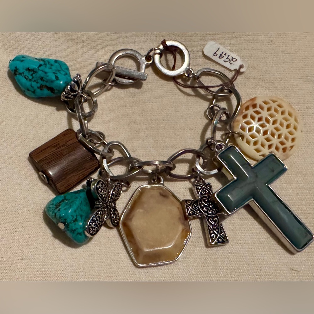 Silver Charm Bracelet with Turquoise and Cross Charms